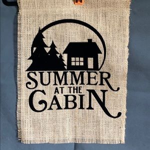 Handmade burlap garden flag cabin summer